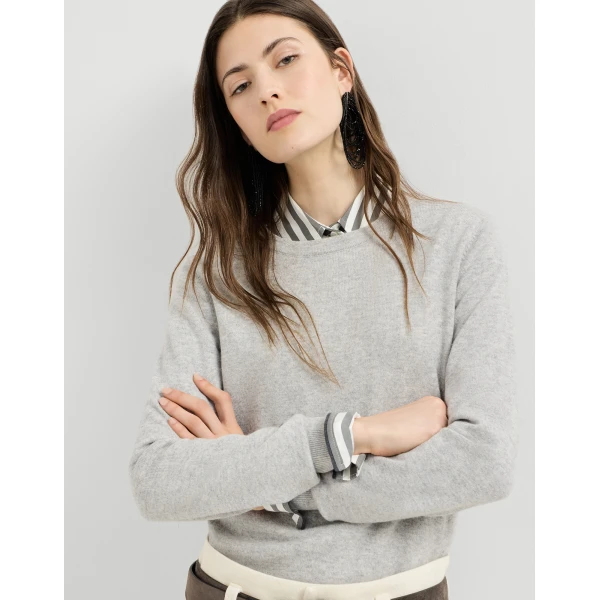 Brunello Cucinelli Cashmere sweater with monili in Light Grey, view 5