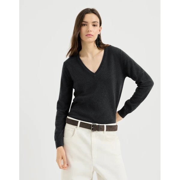 Brunello Cucinelli Cashmere sweater with monili in Lignite Grey, view 2
