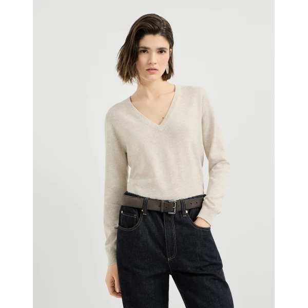 Brunello Cucinelli Cashmere sweater with monili in Oat, view 2