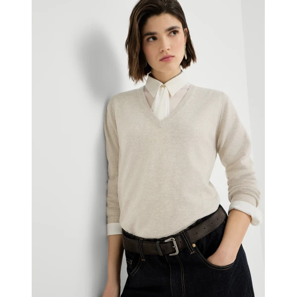 Brunello Cucinelli Cashmere sweater with monili in Oat, view 5