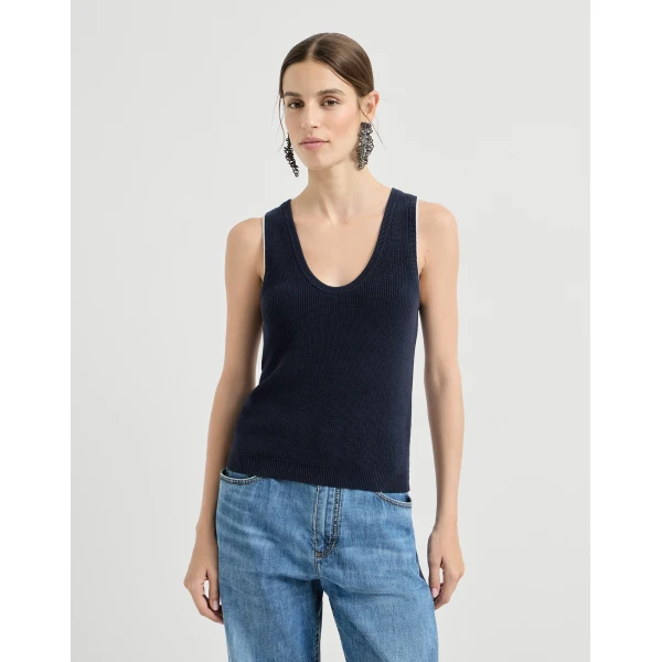 Brunello Cucinelli Cotton ribbed knit top in Blue, view 2