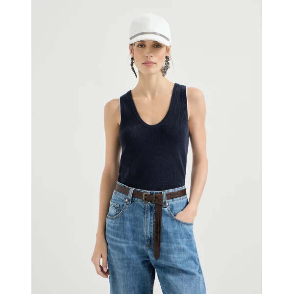 Brunello Cucinelli Cotton ribbed knit top in Blue, view 5