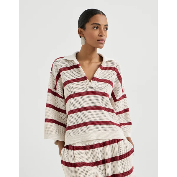 Brunello Cucinelli Cotton striped net knit polo shirt, view 2