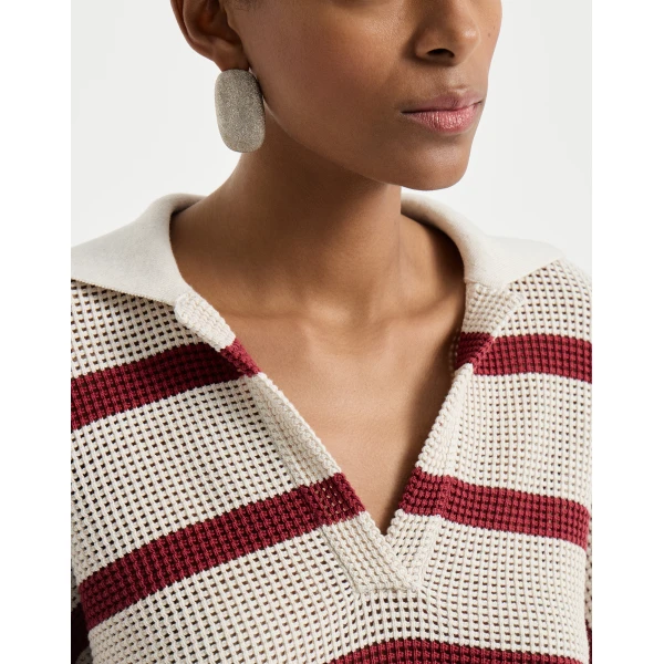 Brunello Cucinelli Cotton striped net knit polo shirt, view 4