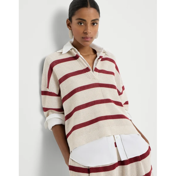 Brunello Cucinelli Cotton striped net knit polo shirt, view 5