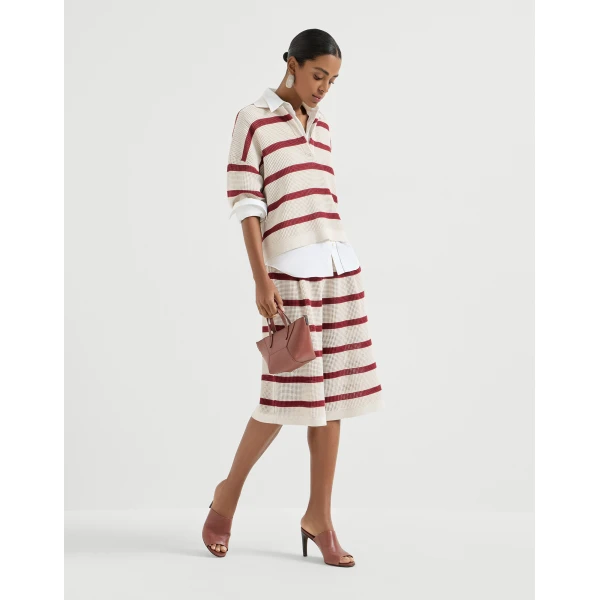 Brunello Cucinelli Cotton striped net knit polo shirt, view 6
