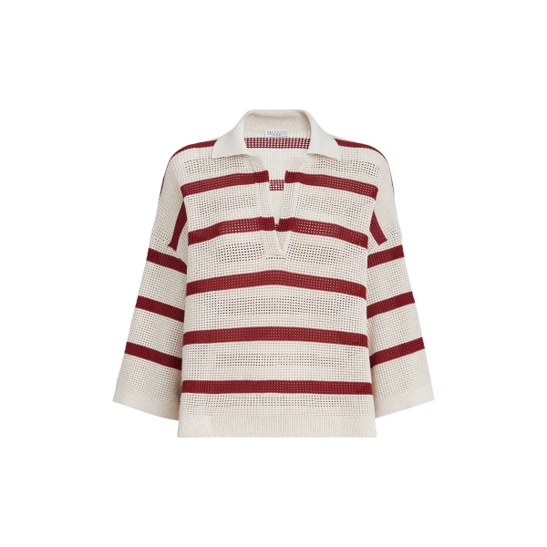 Brunello Cucinelli Cotton striped net knit polo shirt
