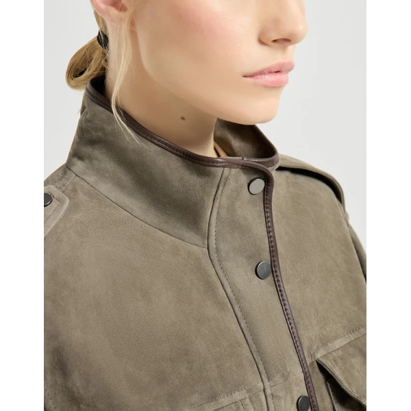 Brunello Cucinelli Couture suede outerwear in Khaki Jacket, view 4