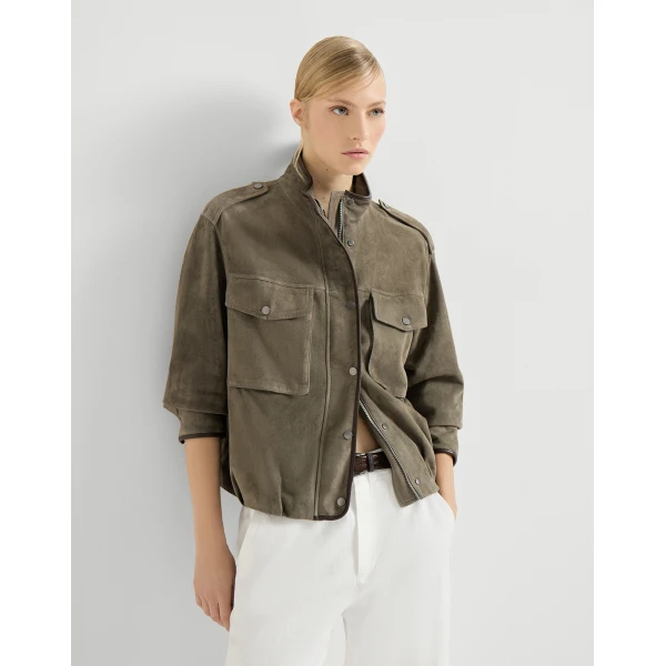 Brunello Cucinelli Couture suede outerwear in Khaki Jacket, view 5