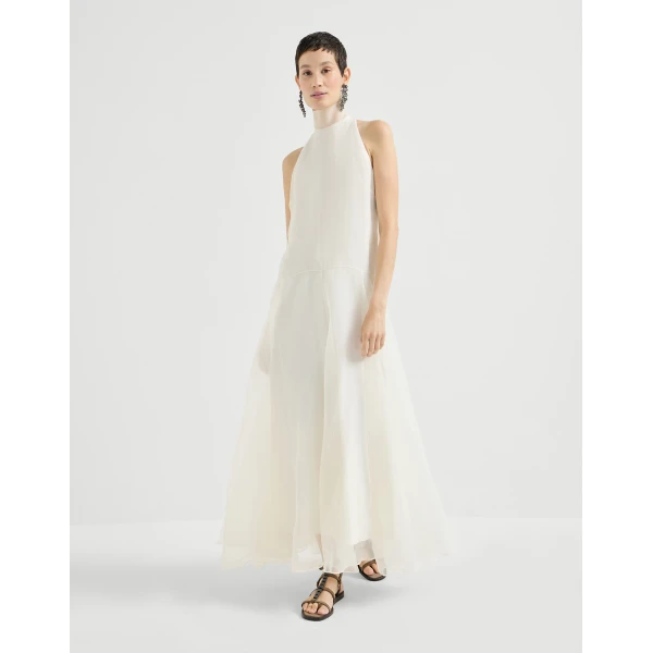 Brunello Cucinelli Crispy silk dress with monili in Butter, view 2