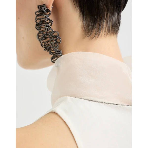 Brunello Cucinelli Crispy silk dress with monili in Butter, view 4