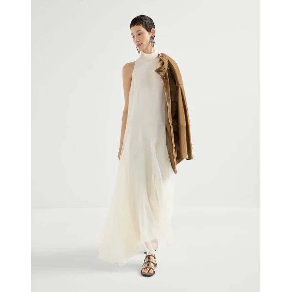 Brunello Cucinelli Crispy silk dress with monili in Butter, view 5