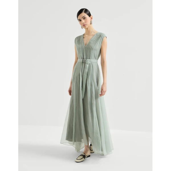 Brunello Cucinelli Crispy silk dress with monili in Mint Green, view 2