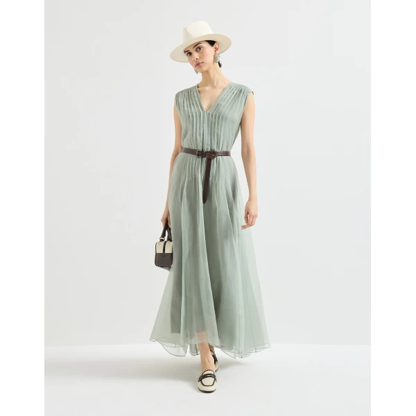 Brunello Cucinelli Crispy silk dress with monili in Mint Green, view 6