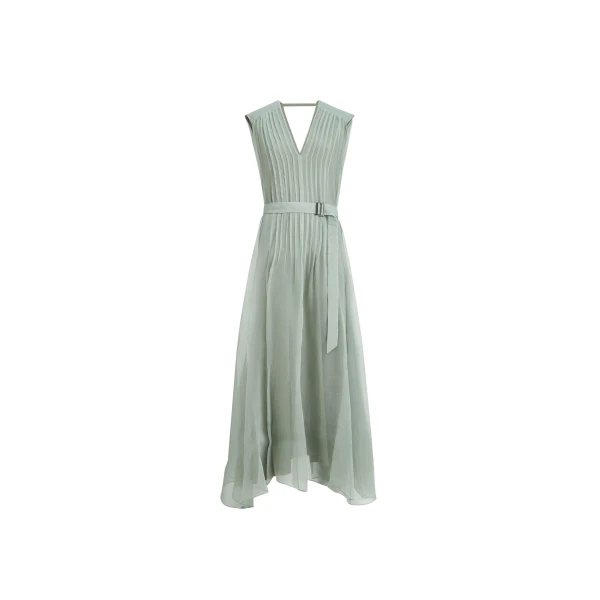 Brunello Cucinelli Crispy silk dress with monili in Mint Green