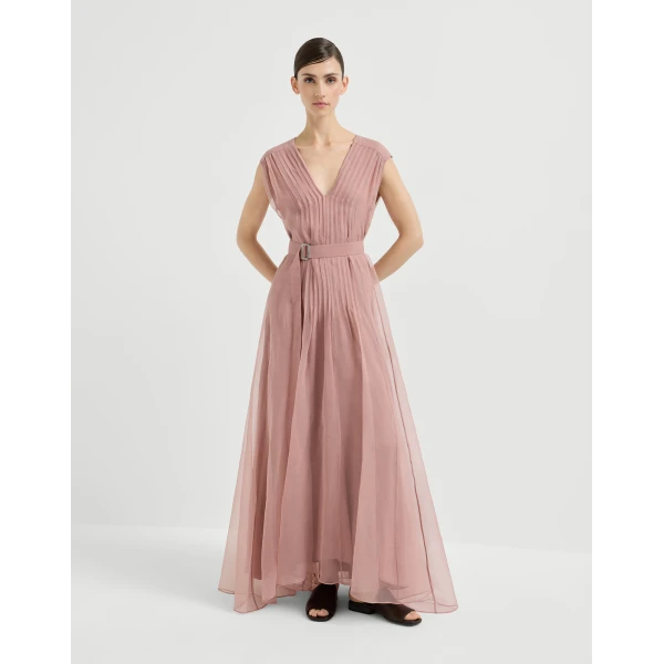 Brunello Cucinelli Crispy silk dress with monili in Pink, view 2