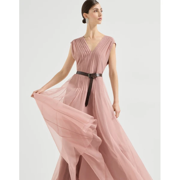 Brunello Cucinelli Crispy silk dress with monili in Pink, view 5