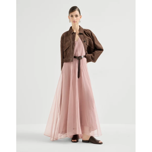 Brunello Cucinelli Crispy silk dress with monili in Pink, view 6