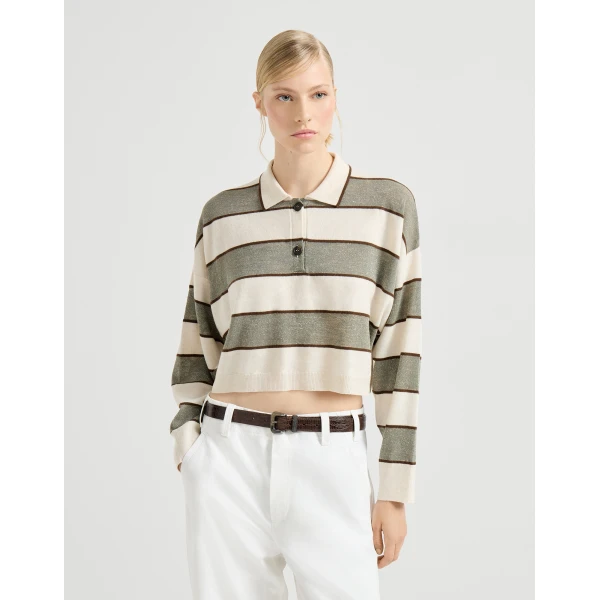 Brunello Cucinelli Cropped knit polo with sparkling stripes, view 2