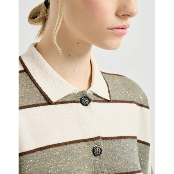 Brunello Cucinelli Cropped knit polo with sparkling stripes, view 4