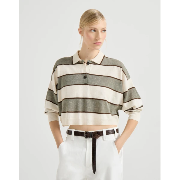 Brunello Cucinelli Cropped knit polo with sparkling stripes, view 5