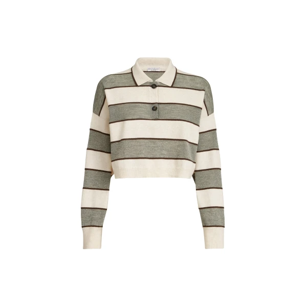 Brunello Cucinelli Cropped knit polo with sparkling stripes