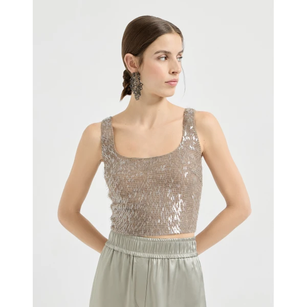 Brunello Cucinelli Cropped top with dazzling embroidery in Rope, view 2