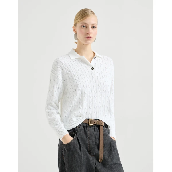 Brunello Cucinelli Dazzling Cables polo in White Knit, view 2