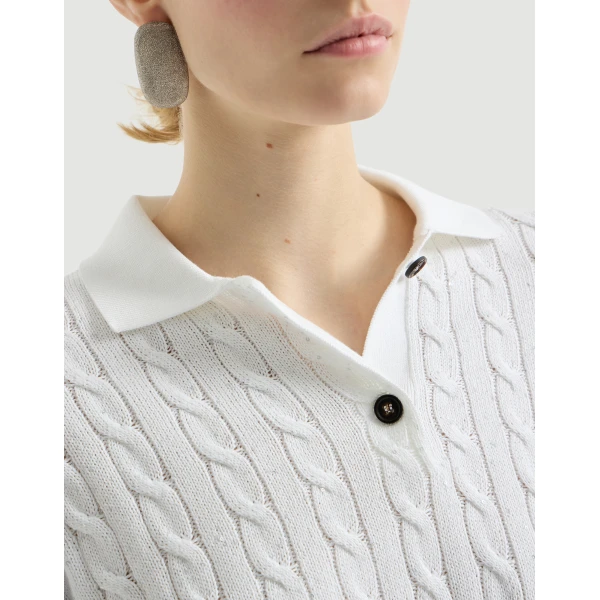 Brunello Cucinelli Dazzling Cables polo in White Knit, view 4