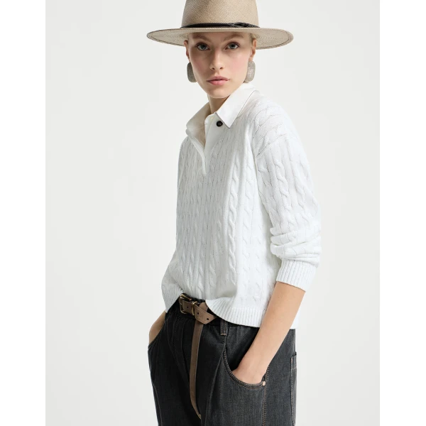 Brunello Cucinelli Dazzling Cables polo in White Knit, view 5