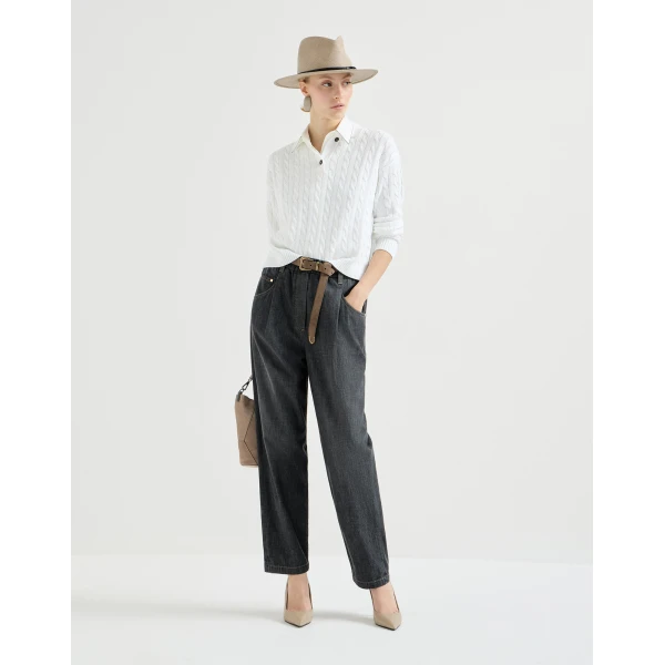 Brunello Cucinelli Dazzling Cables polo in White Knit, view 6