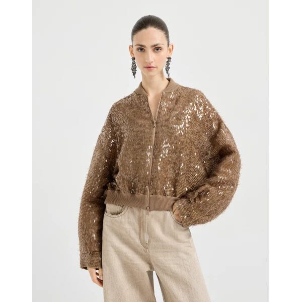 Brunello Cucinelli Dazzling Embroidery Bomber in Beige Jacket, view 2