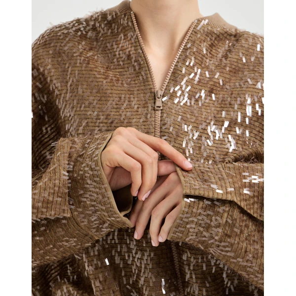Brunello Cucinelli Dazzling Embroidery Bomber in Beige Jacket, view 4