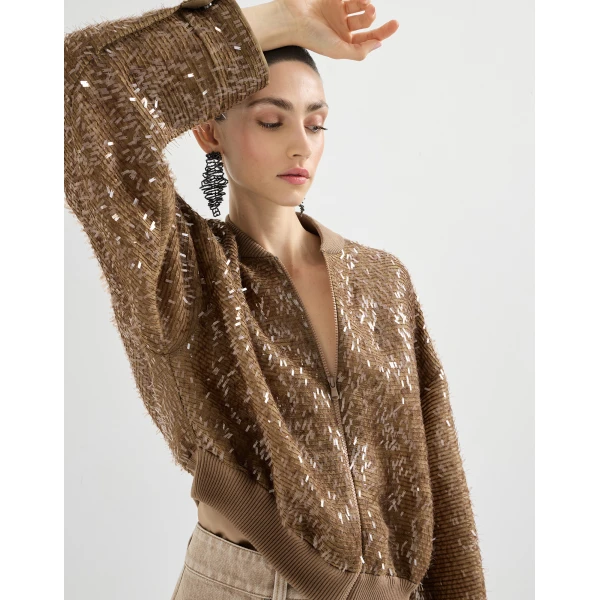 Brunello Cucinelli Dazzling Embroidery Bomber in Beige Jacket, view 5