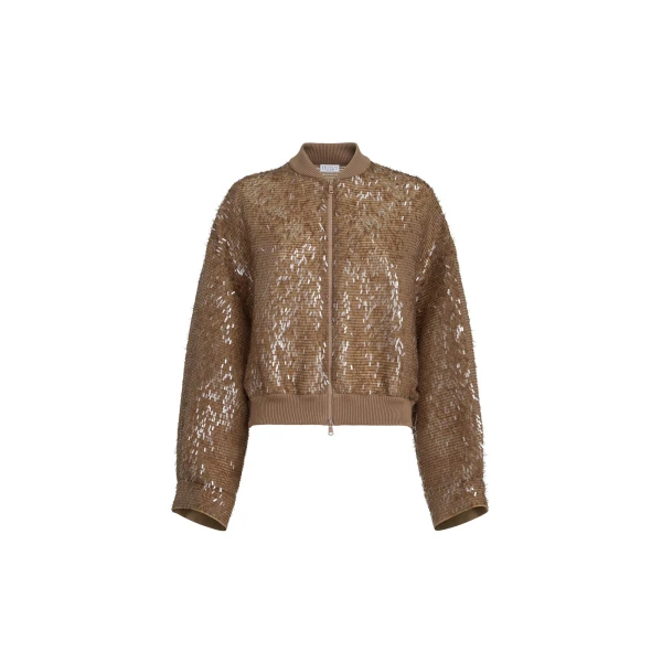 Brunello Cucinelli Dazzling Embroidery Bomber in Beige Jacket