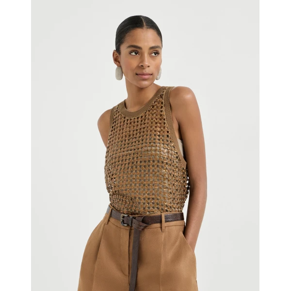 Brunello Cucinelli Dazzling Net Embroidery top in Brown, view 2