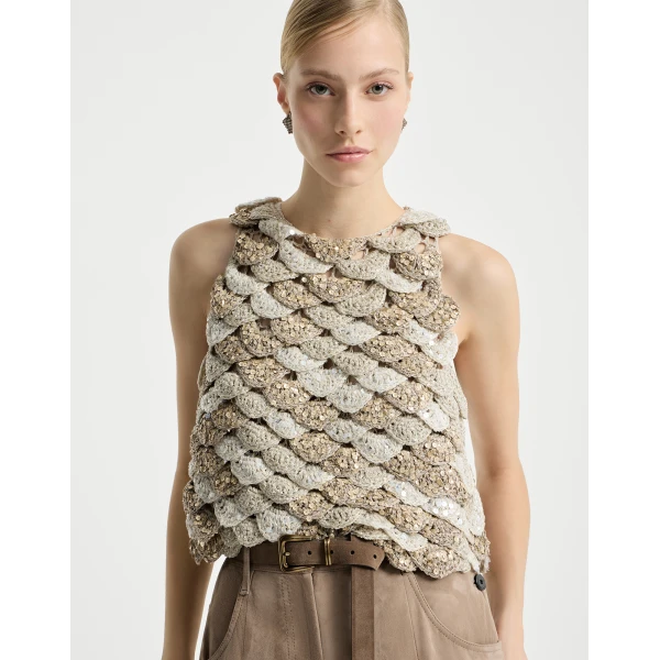 Brunello Cucinelli Dazzling Shell OPERA top in Light Grey, view 5