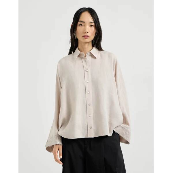 Brunello Cucinelli Dazzling cascade cuffs shirt in Beige Silk, view 2