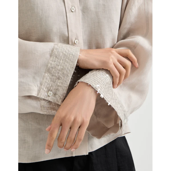 Brunello Cucinelli Dazzling cascade cuffs shirt in Beige Silk, view 4