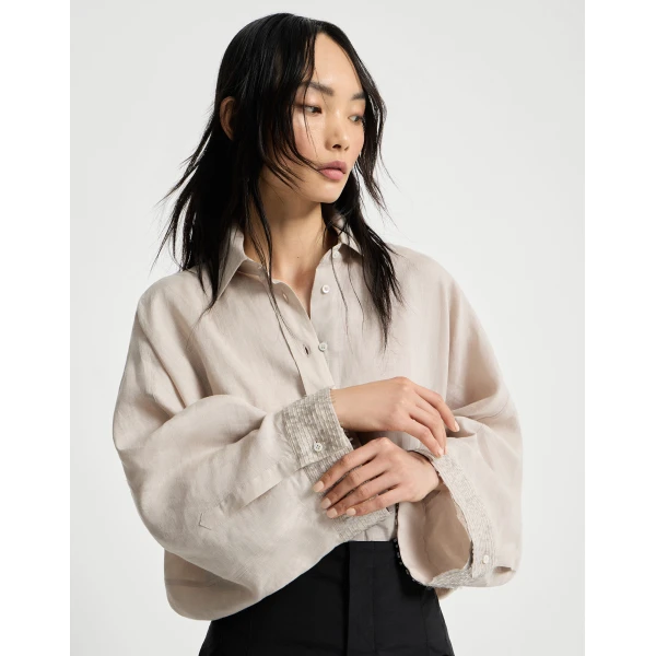 Brunello Cucinelli Dazzling cascade cuffs shirt in Beige Silk, view 5