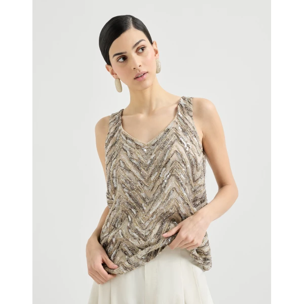 Brunello Cucinelli Dazzling chevron embroidery top in Beige, view 2