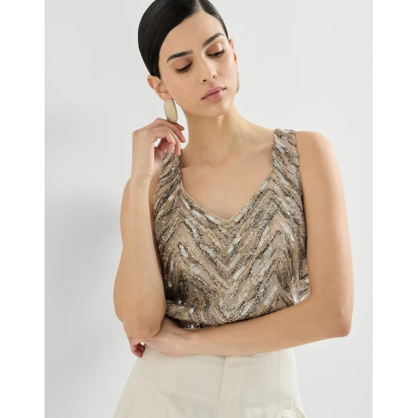 Brunello Cucinelli Dazzling chevron embroidery top in Beige, view 5
