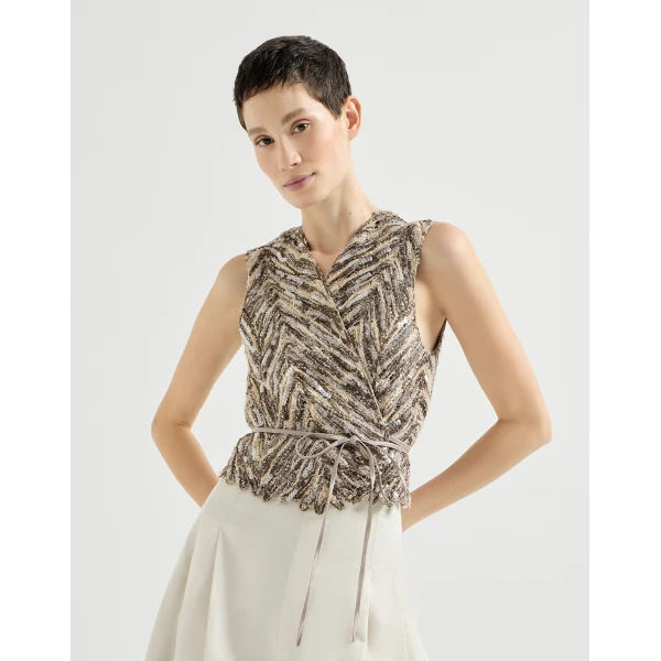 Brunello Cucinelli Dazzling chevron embroidery vest in Brown, view 2