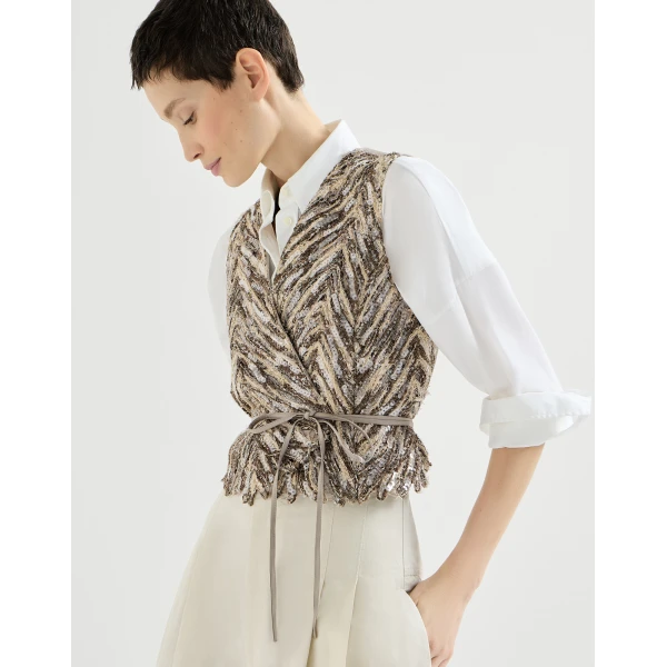 Brunello Cucinelli Dazzling chevron embroidery vest in Brown, view 5