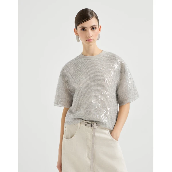 Brunello Cucinelli Dazzling embroidery T-shirt in Silver Top, view 2