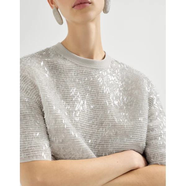 Brunello Cucinelli Dazzling embroidery T-shirt in Silver Top, view 4