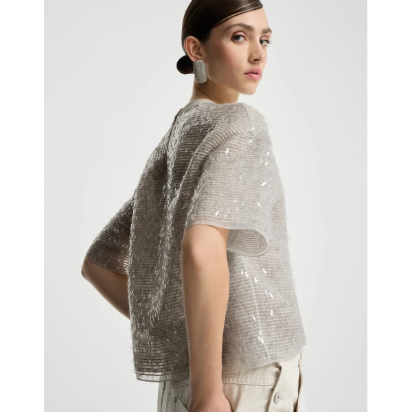 Brunello Cucinelli Dazzling embroidery T-shirt in Silver Top, view 5