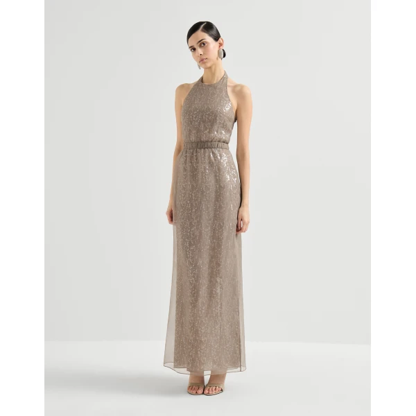 Brunello Cucinelli Dazzling embroidery halterneck dress in Rope, view 2