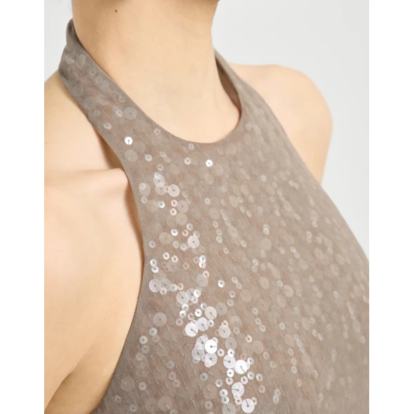 Brunello Cucinelli Dazzling embroidery halterneck dress in Rope, view 4