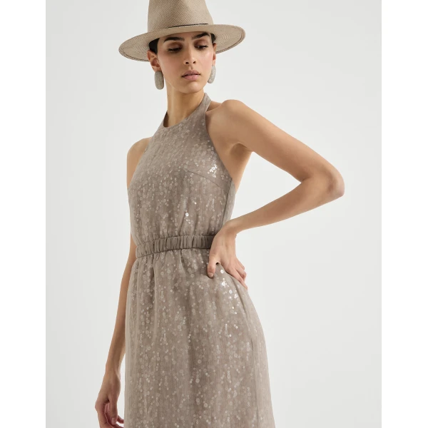 Brunello Cucinelli Dazzling embroidery halterneck dress in Rope, view 5